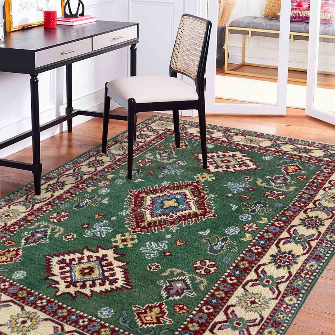 Green Afghan Kazak Rug 3' 3" x 5' 0" Hand-Knotted reverse