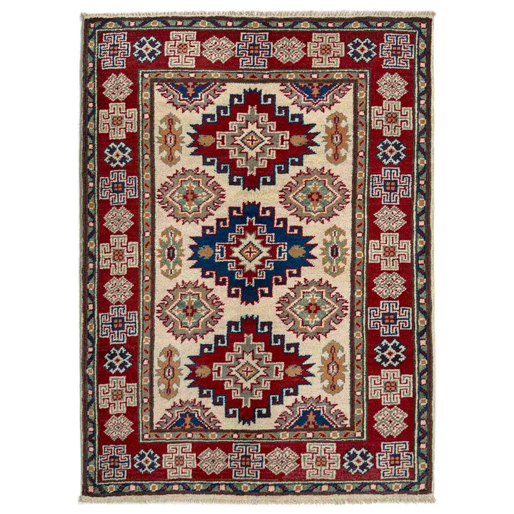 Beige Afghan Kazak Rug 2'7" x 3'10" Hand-Knotted
