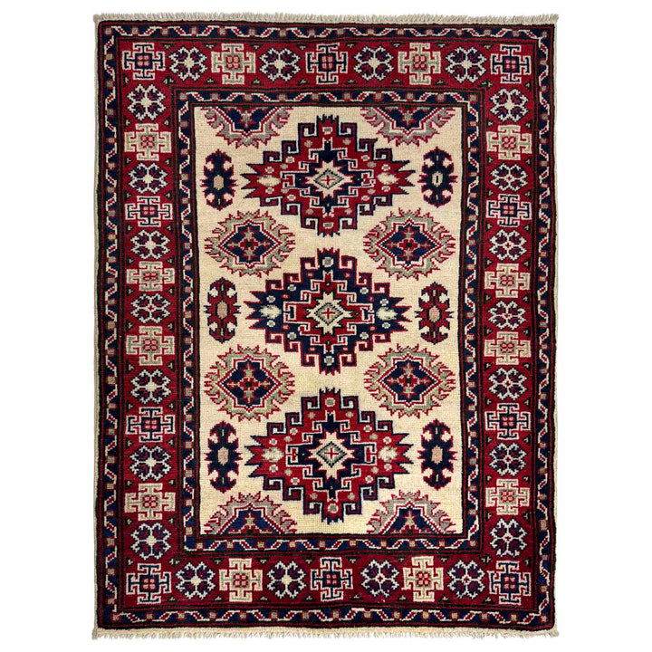 Beige Afghan Kazak Rug 3' 0" x 3' 10" Hand-Knotted | No. AL32672