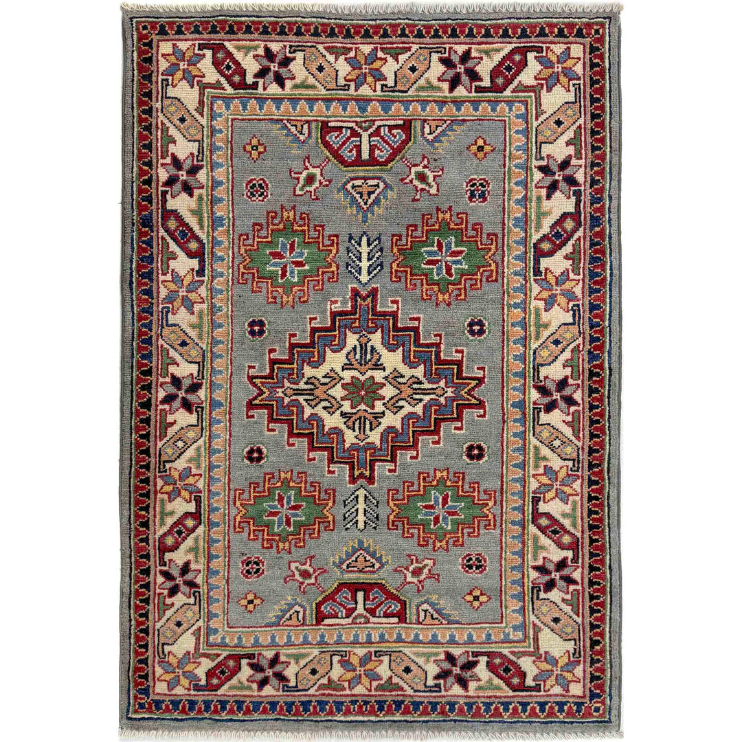 Gray Afghan Kazak Rug 2' 4" x 3' 10" Hand-Knotted