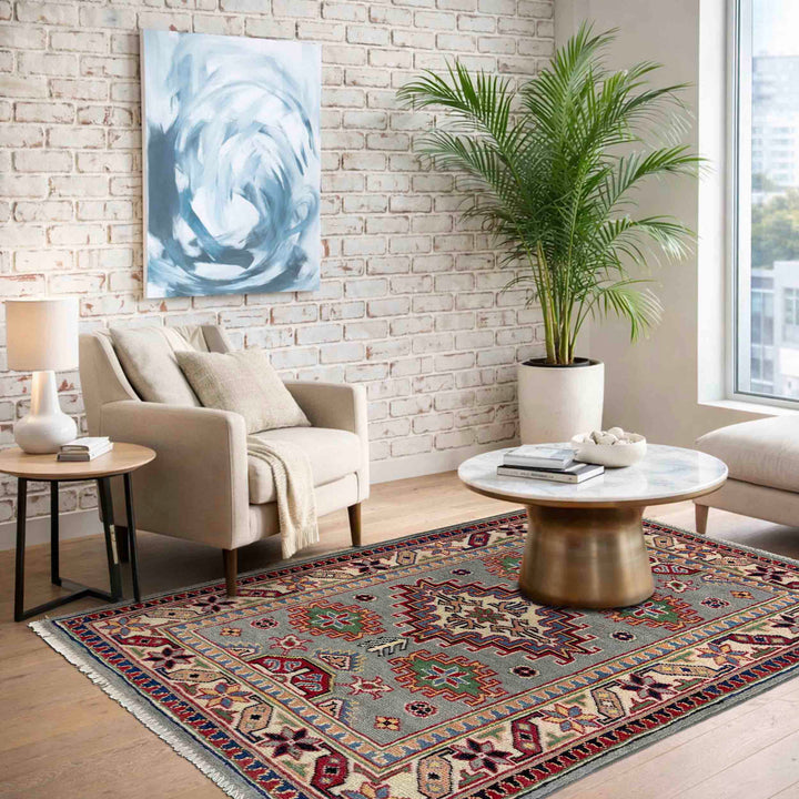 Gray Afghan Kazak Rug 2' 4" x 3' 10" Hand-Knotted | No. AL19650