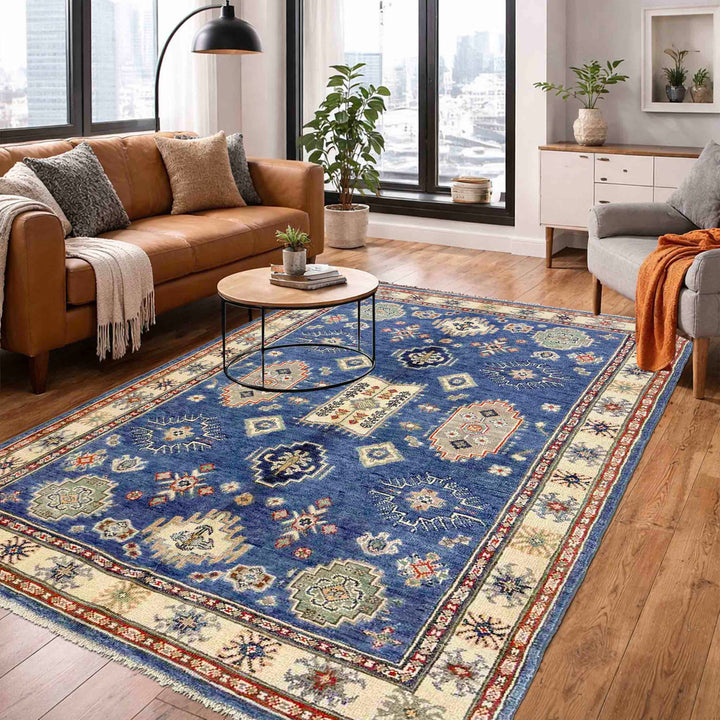 Blue Afghan Kazak Rug 3' 10" x 5' 11" Hand-Knotted | No. AL35400
