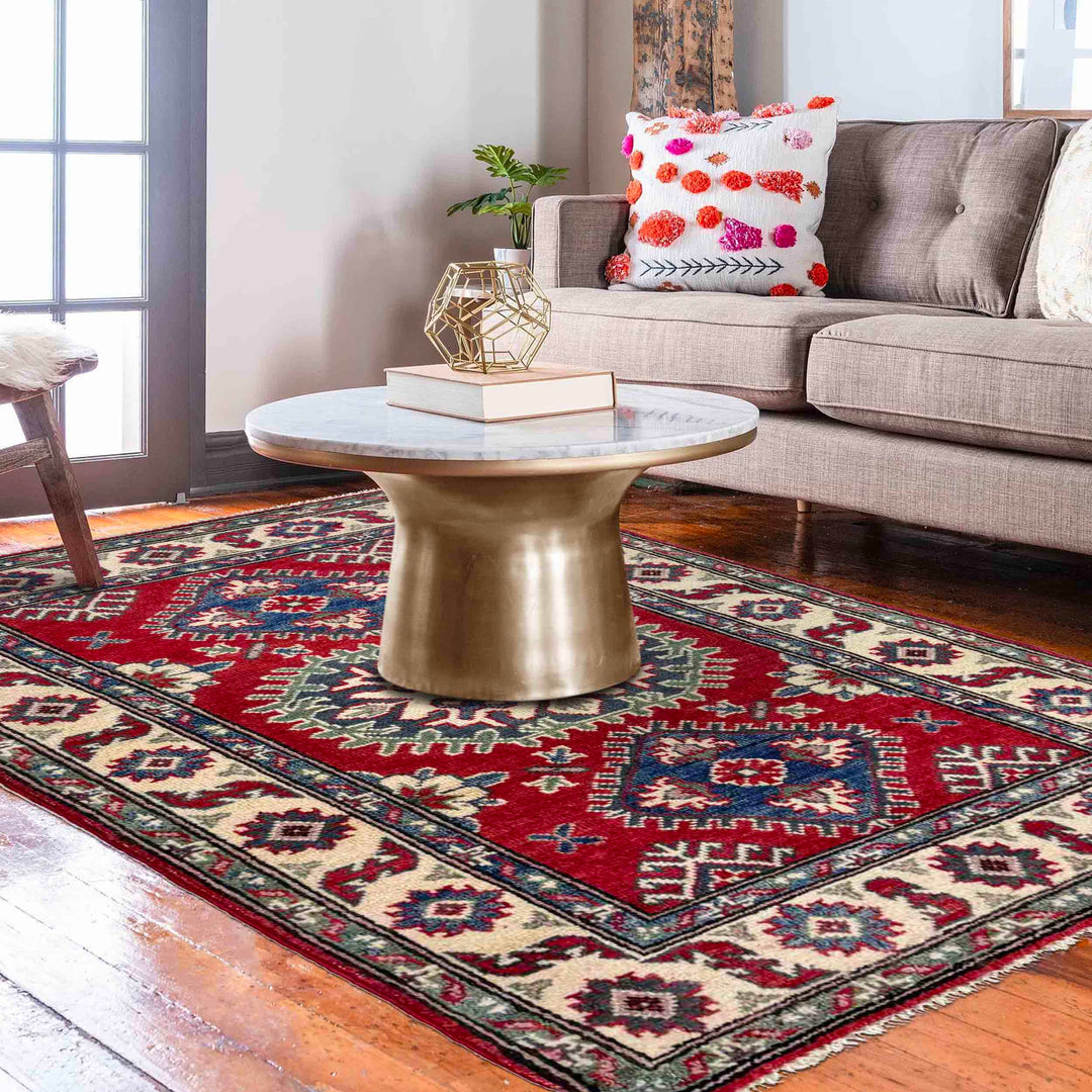 Red Afghan Kazak Rug 2' 7" x 4' 0" Hand-Knotted reverse