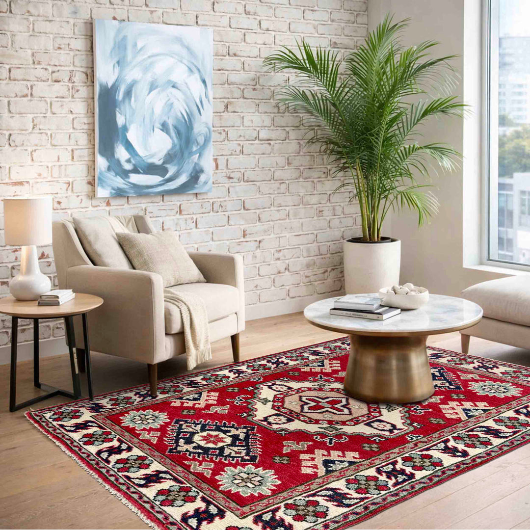 Red Afghan Kazak Rug 2' 7" x 4' 1" Hand-Knotted reverse
