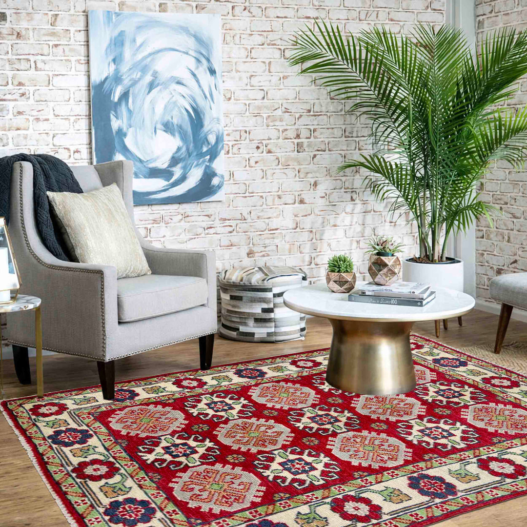 Red Afghan Kazak Rug 2' 7" x 4' 3" Hand-Knotted | No. AL21263