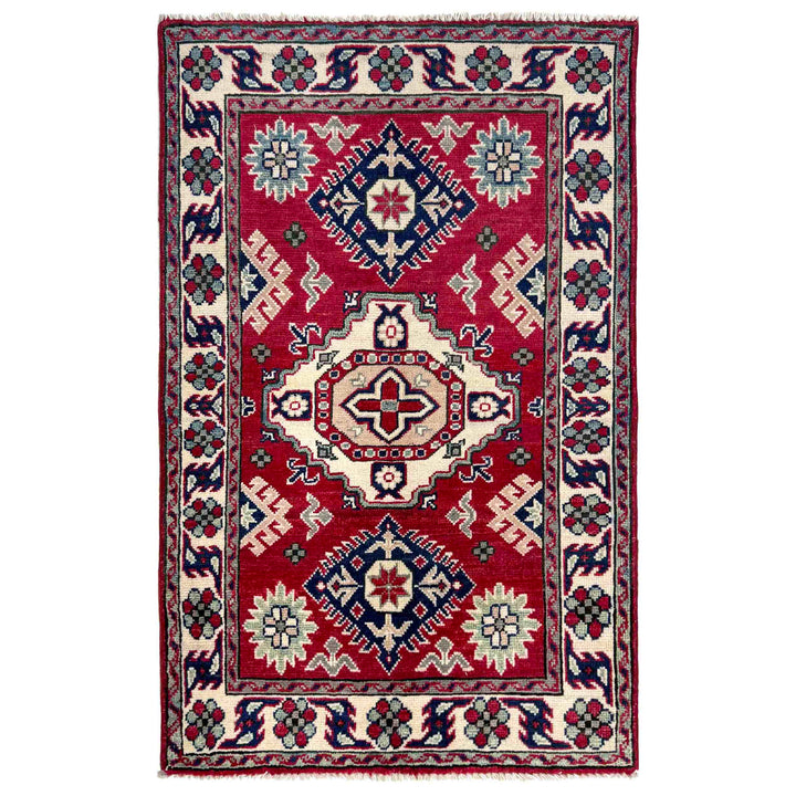 Red Afghan Kazak Rug 2' 7" x 3' 10" Hand-Knotted | No. AL60518