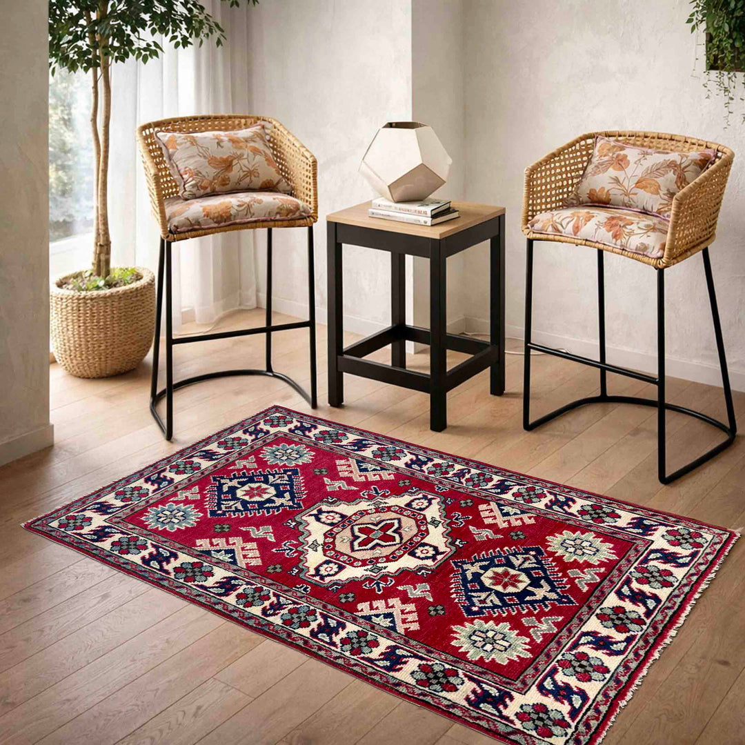 Red Afghan Kazak Rug 2' 7" x 3' 10" Hand-Knotted | No. AL60518