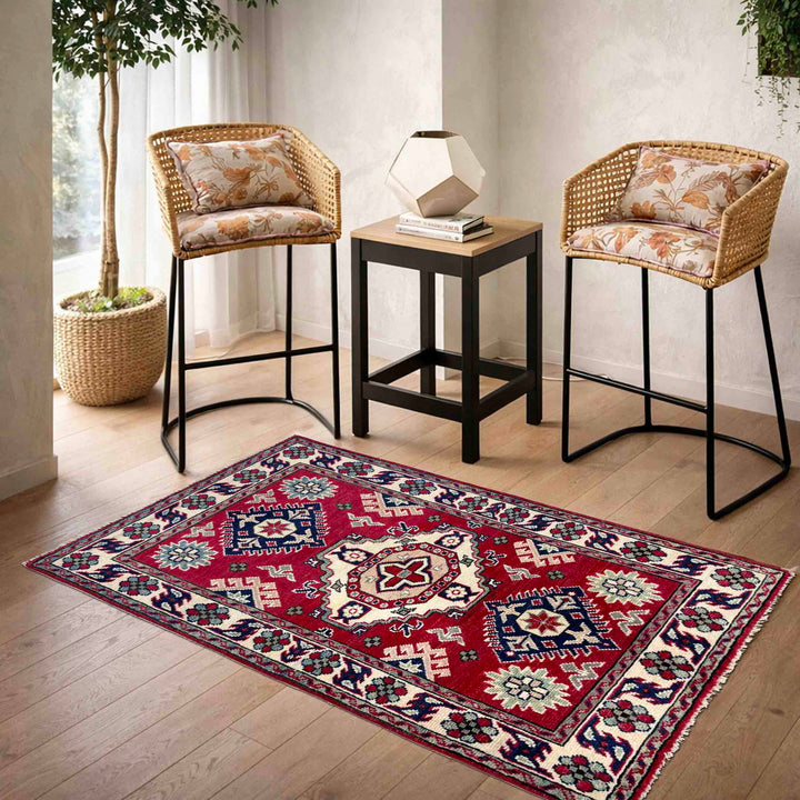 Red Afghan Kazak Rug 2' 7" x 3' 10" Hand-Knotted | No. AL60518