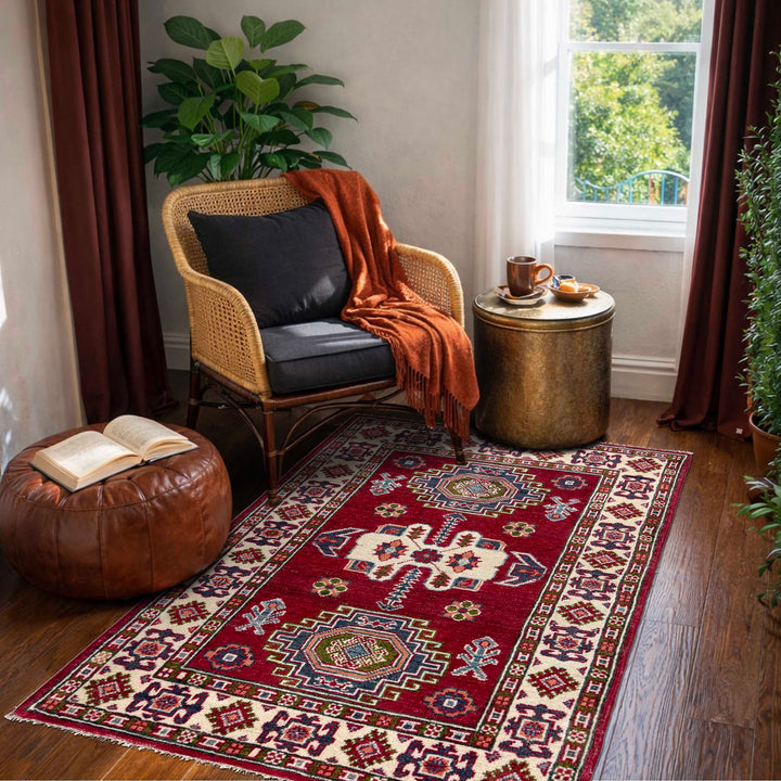 Red Afghan Kazak Rug 2' 8" x 4' 2" Hand-Knotted reverse