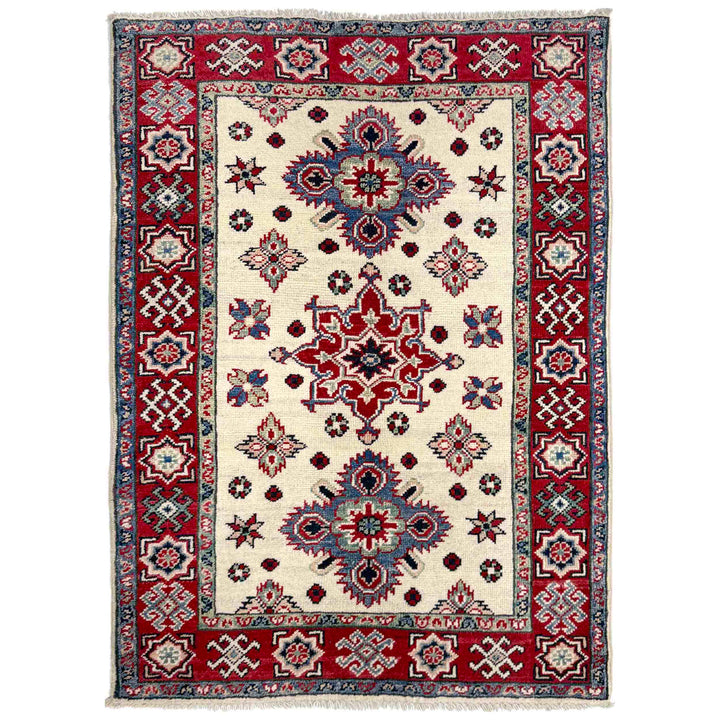 Beige Afghan Kazak Rug 2' 7" x 3' 8" Hand-Knotted | No. AL41335
