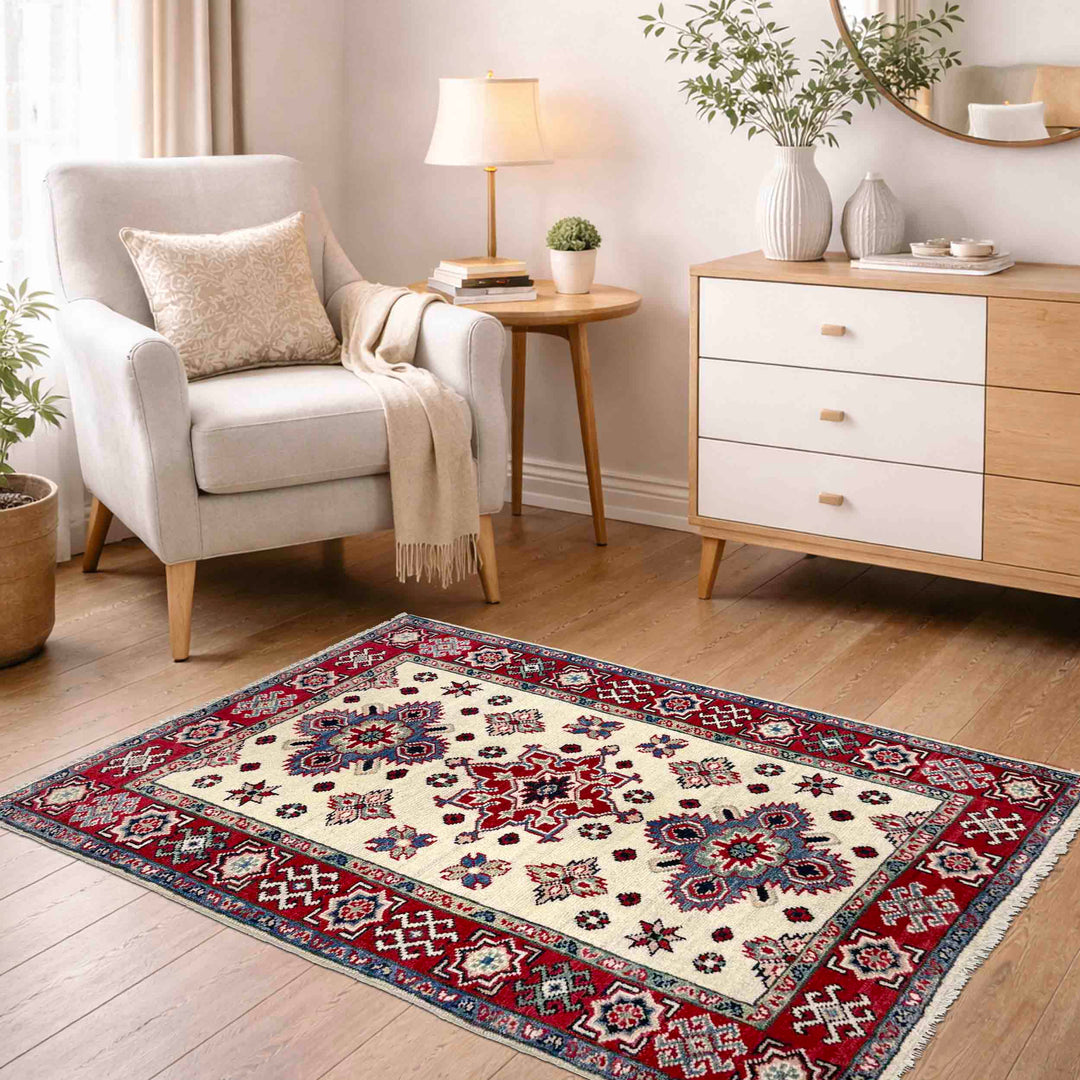 Beige Afghan Kazak Rug 2' 7" x 3' 8" Hand-Knotted | No. AL41335