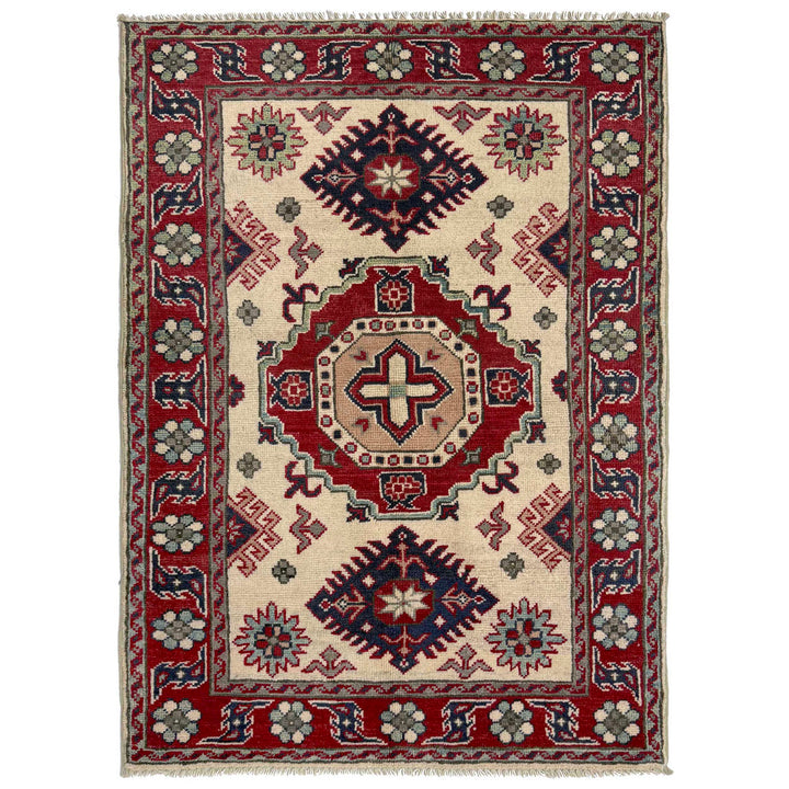 Beige Afghan Kazak Rug 2' 9" x 3' 11" Hand-Knotted | No. AL76439