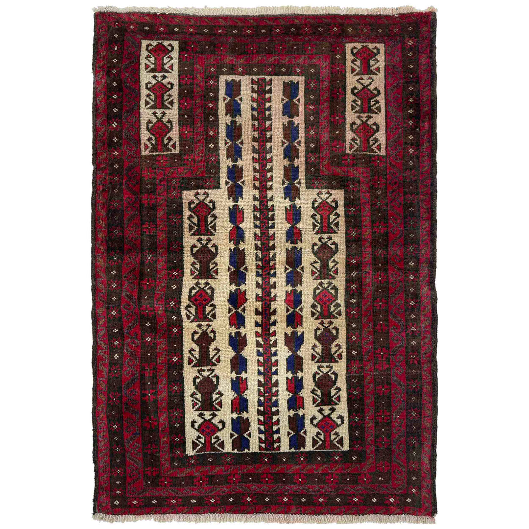 Afghan Prayer Rug 3' 2" x 4' 6" Hand-Knotted