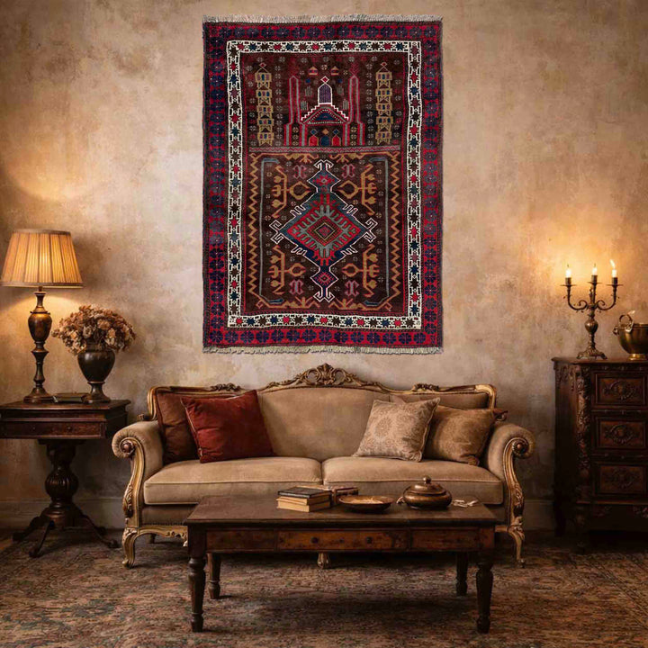 Afghan Prayer Rug 2' 10" x 3' 11" Hand-Knotted reverse