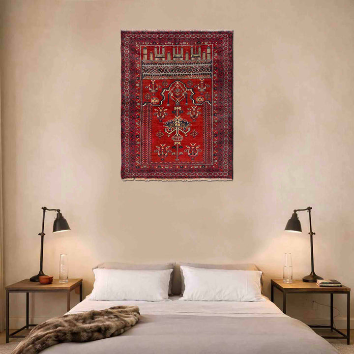 Red Afghan Prayer Rug 2' 10" x 4' 2" Hand-Knotted reverse