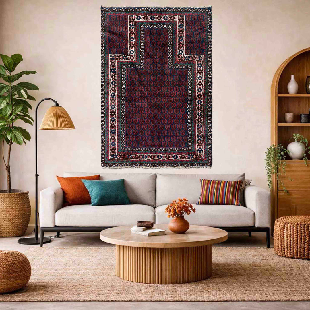 Red Afghan Prayer Rug 2' 11" x 4' 9" Hand-Knotted reverse
