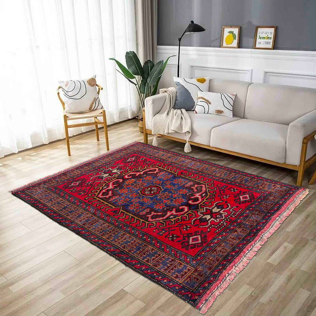 Red Afghan Baluchi Rug 3' 0" x 4' 4" Hand-Knotted reverse