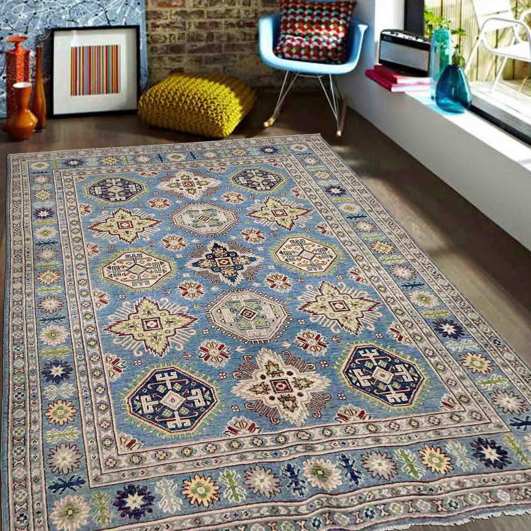 Blue Afghan Kazak Rug 4' 8" x 6' 11" Hand-Knotted | No. AL57216