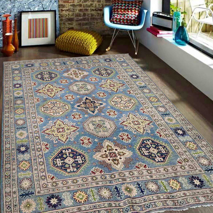 Blue Afghan Kazak Rug 4' 8" x 6' 11" Hand-Knotted | No. AL57216