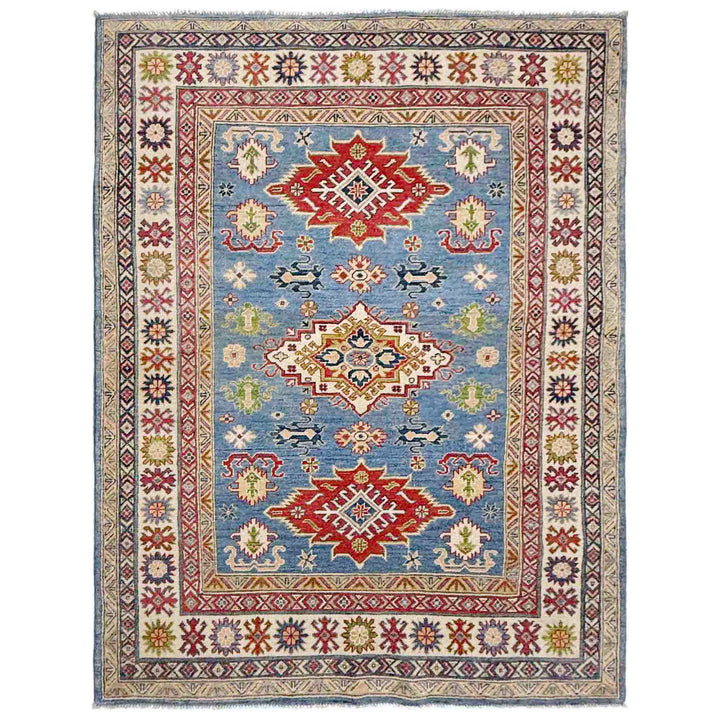 Blue Afghan Kazak Rug 4' 10" x 6' 8" Hand-Knotted