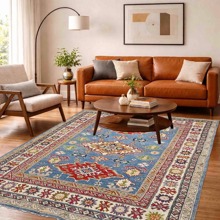 Blue Afghan Kazak Rug 4' 10" x 6' 8" Hand-Knotted reverse