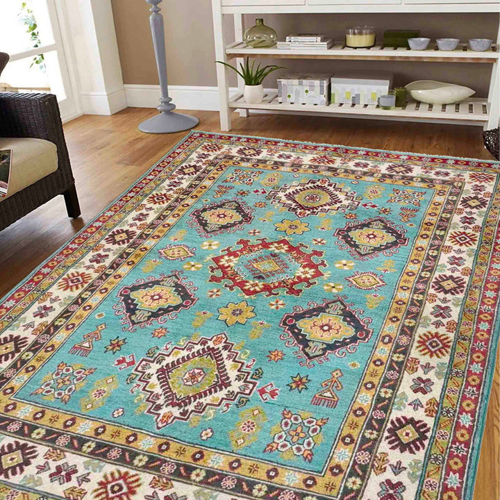 Blue Afghan Kazak Rug 4' 8" x 6' 2" Hand-Knotted | No. AL82266