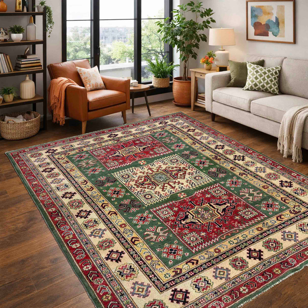Afghan Kazak Rug 5' 0" x 6' 6" Hand-Knotted | No. AL100535
