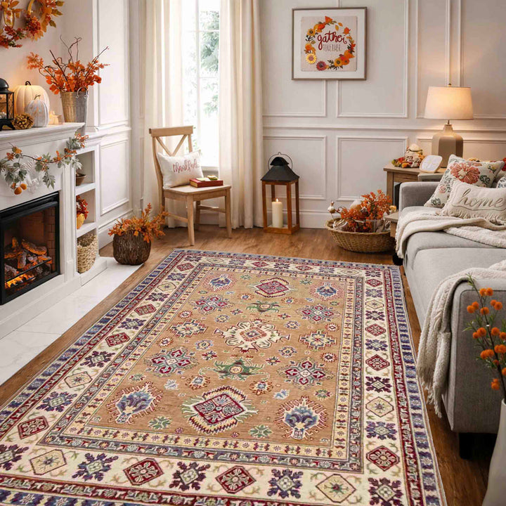 Orange Afghan Kazak Rug 5' 1" x 6' 7" Hand-Knotted | No. AL38780