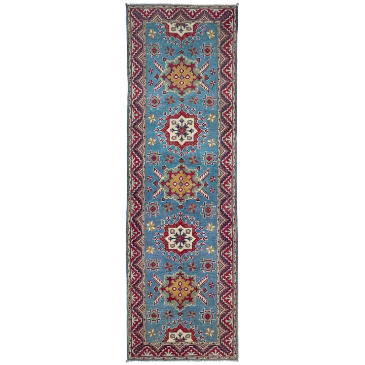 Blue Afghan Kazak Rug 3' 1" x 9' 6" Hand-Knotted | No. AL71438