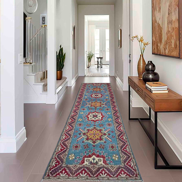 Blue Afghan Kazak Rug 3' 1" x 9' 6" Hand-Knotted | No. AL71438
