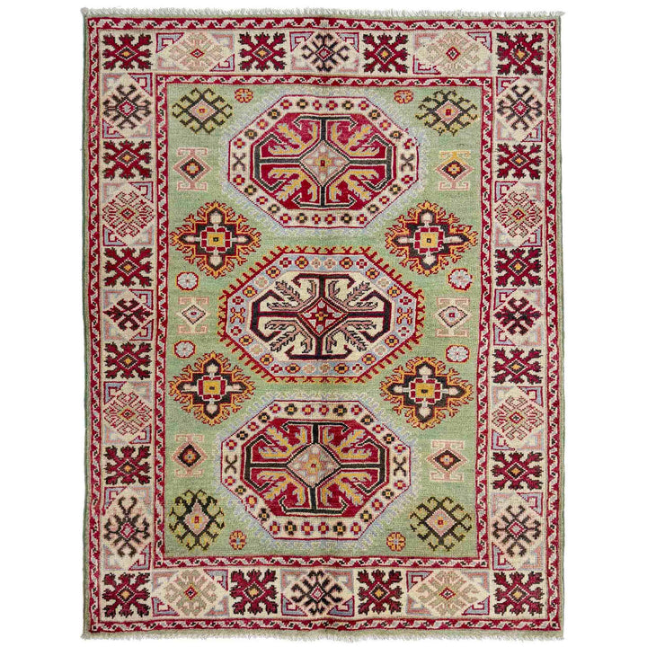 Green Afghan Kazak Rug 3' 6" x 4' 9" Hand-Knotted | No. AL56933