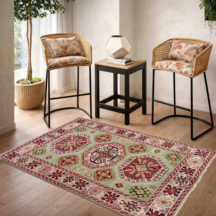 Green Afghan Kazak Rug 3' 6" x 4' 9" Hand-Knotted | No. AL56933
