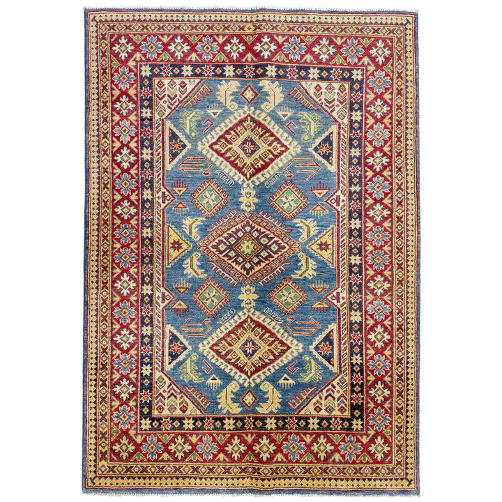 Blue Afghan Kazak Rug 4' 2" x 5' 11" Hand-Knotted | No. AL29767