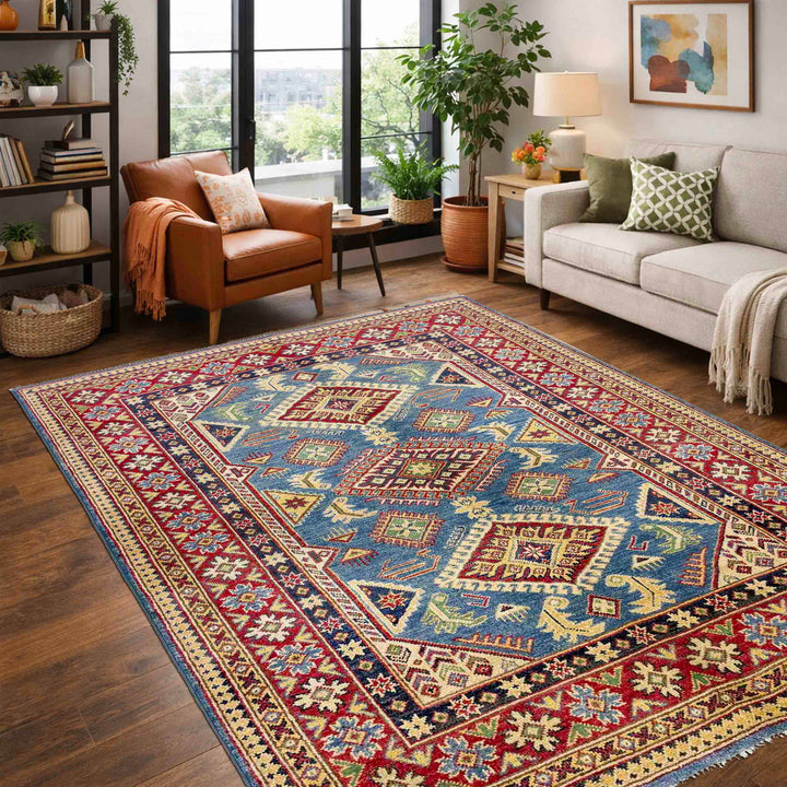 Blue Afghan Kazak Rug 4' 2" x 5' 11" Hand-Knotted | No. AL29767