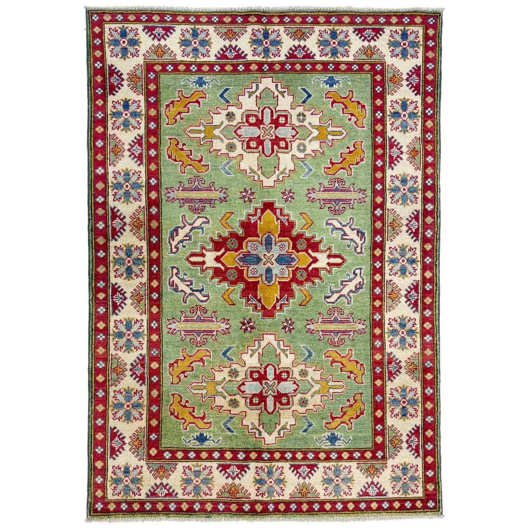 Green Afghan Kazak Rug 3' 10" x 5' 8" Hand-Knotted