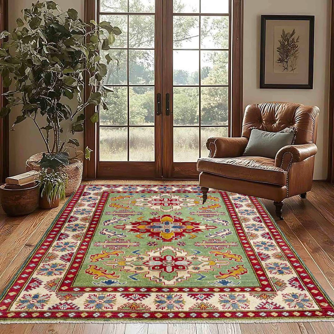 Green Afghan Kazak Rug 3' 10" x 5' 8" Hand-Knotted texture
