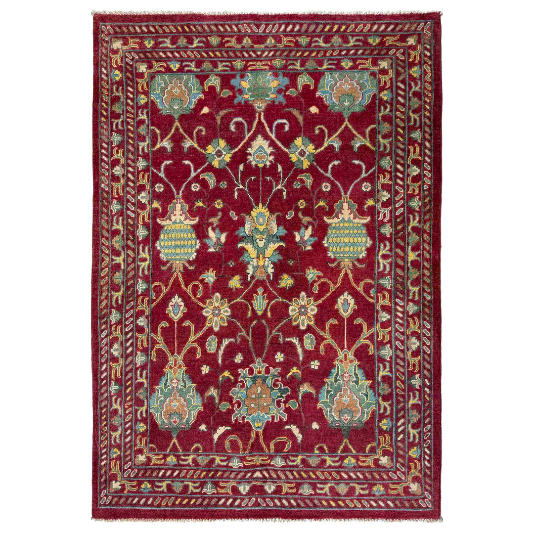 Red Afghan Sultani Rug 4' 1" x 6' 2" Hand-Knotted