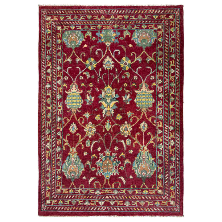 Red Afghan Sultani Rug 4' 1" x 6' 2" Hand-Knotted