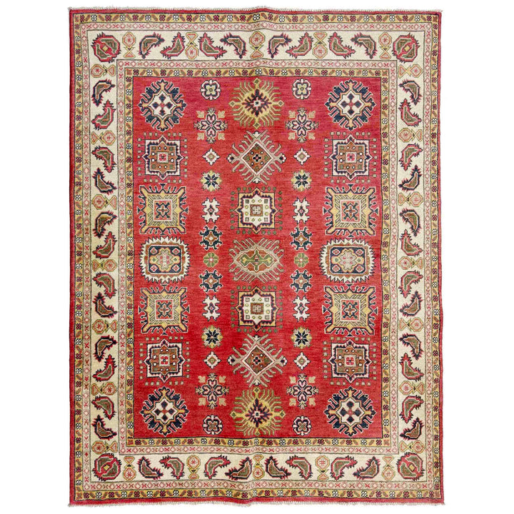 Red Afghan Kazak Rug 4' 11" x 6' 4" Hand-Knotted