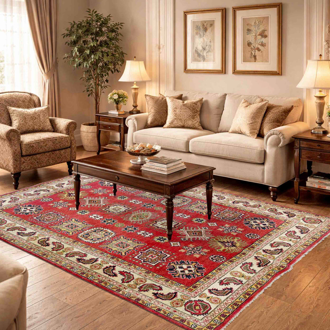 Red Afghan Kazak Rug 4' 11" x 6' 4" Hand-Knotted texture