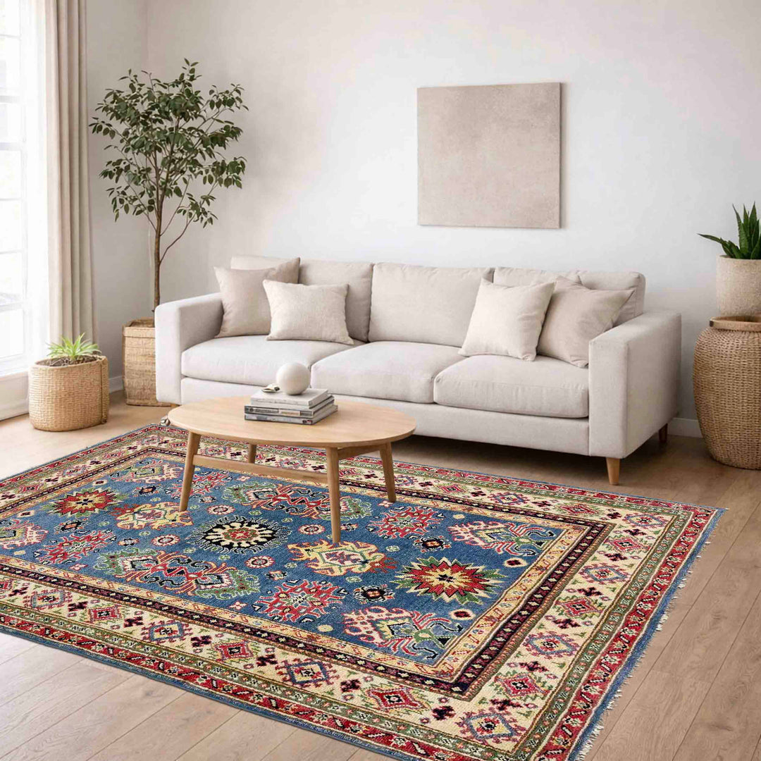 Blue Afghan Kazak Rug 4' 0" x 6' 1" Hand-Knotted texture