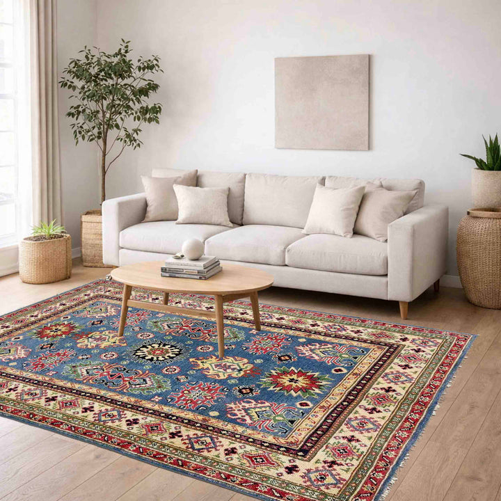Blue Afghan Kazak Rug 4' 0" x 6' 1" Hand-Knotted texture