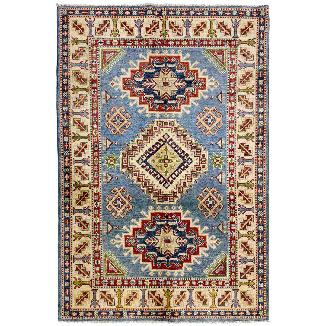 Blue Afghan Kazak Rug 4' 0" x 5' 11" Hand-Knotted