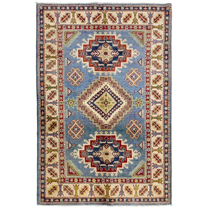 Blue Afghan Kazak Rug 4' 0" x 5' 11" Hand-Knotted