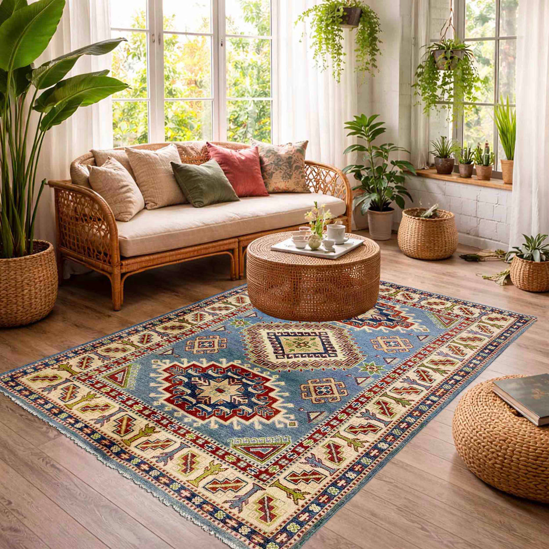 Blue Afghan Kazak Rug 4' 0" x 5' 11" Hand-Knotted field
