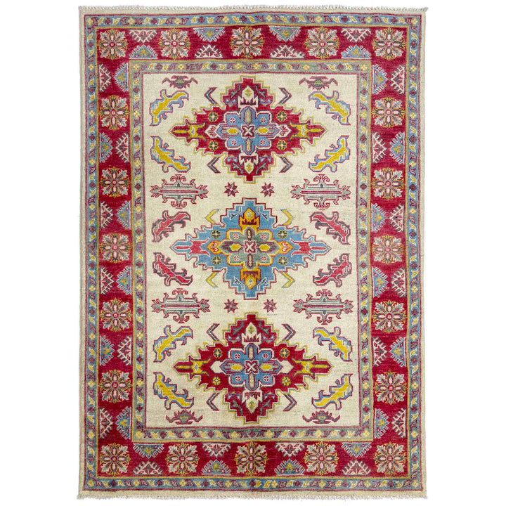 Beige Afghan Kazak Rug 4' 0" x 5' 8" Hand-Knotted