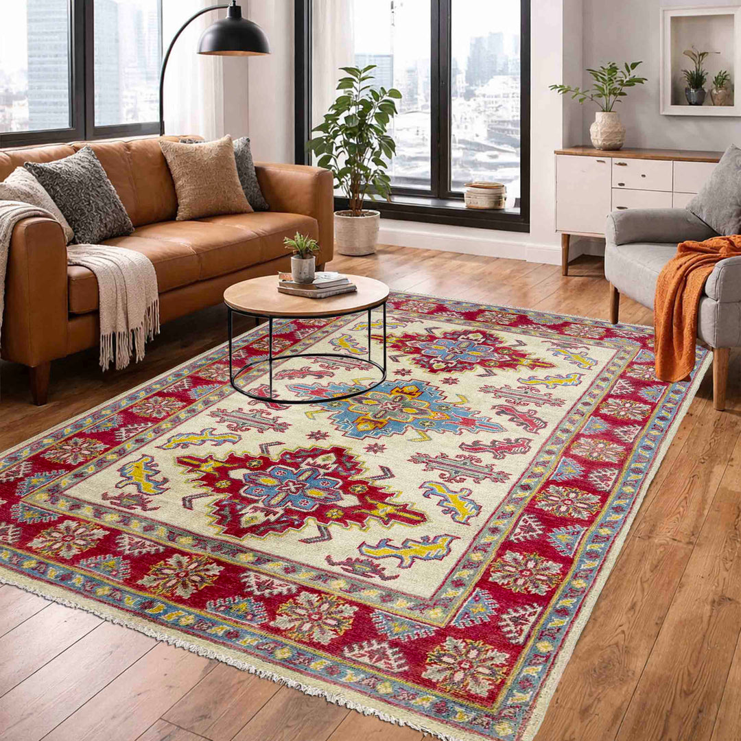 Beige Afghan Kazak Rug 4' 0" x 5' 8" Hand-Knotted texture