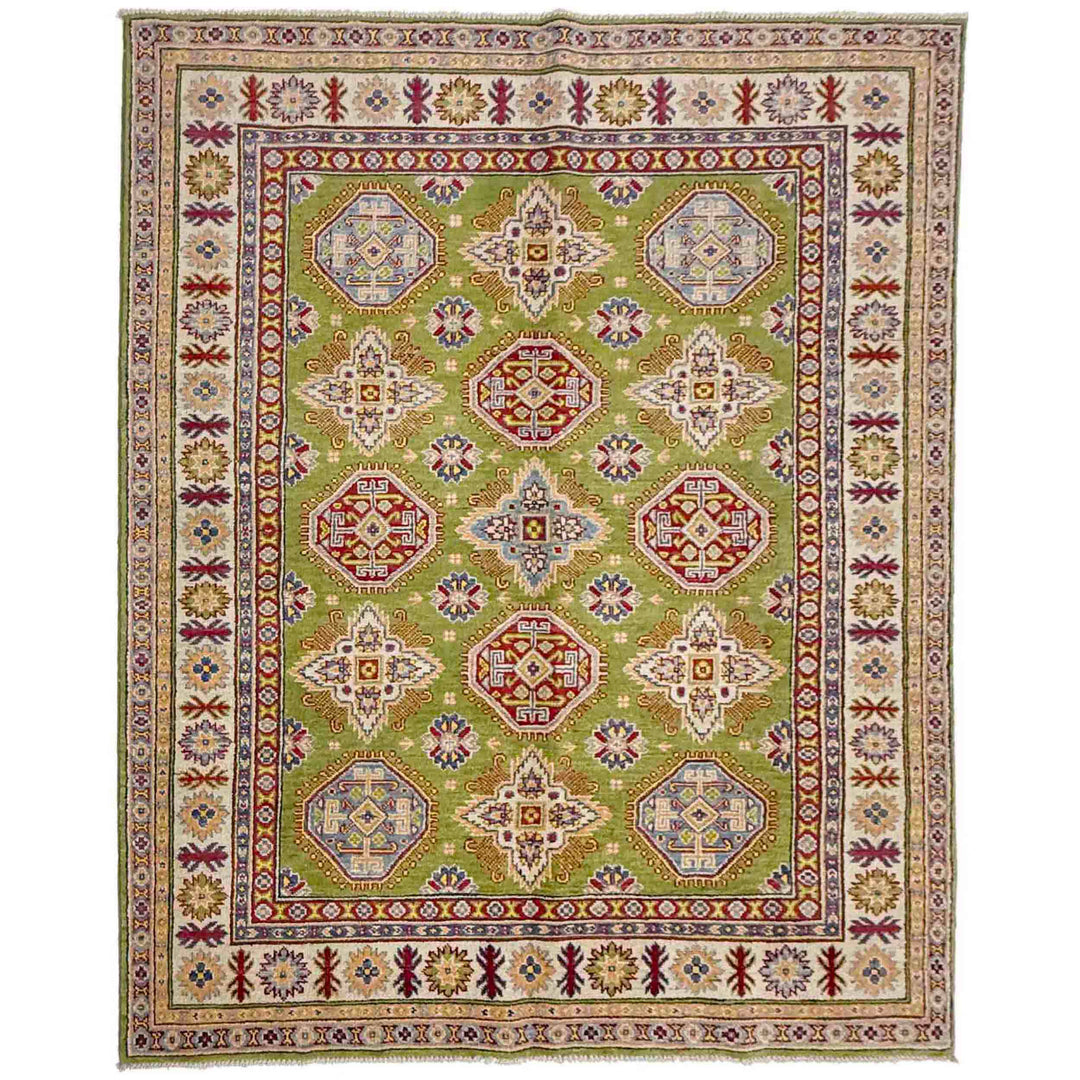 Green Afghan Kazak Rug 5' 1" x 6' 10" Hand-Knotted