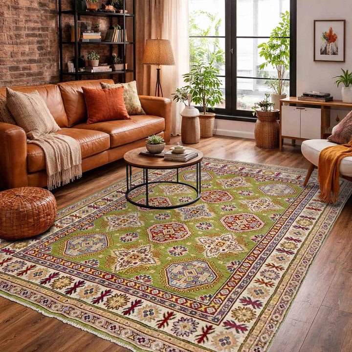 Green Afghan Kazak Rug 5' 1" x 6' 10" Hand-Knotted field