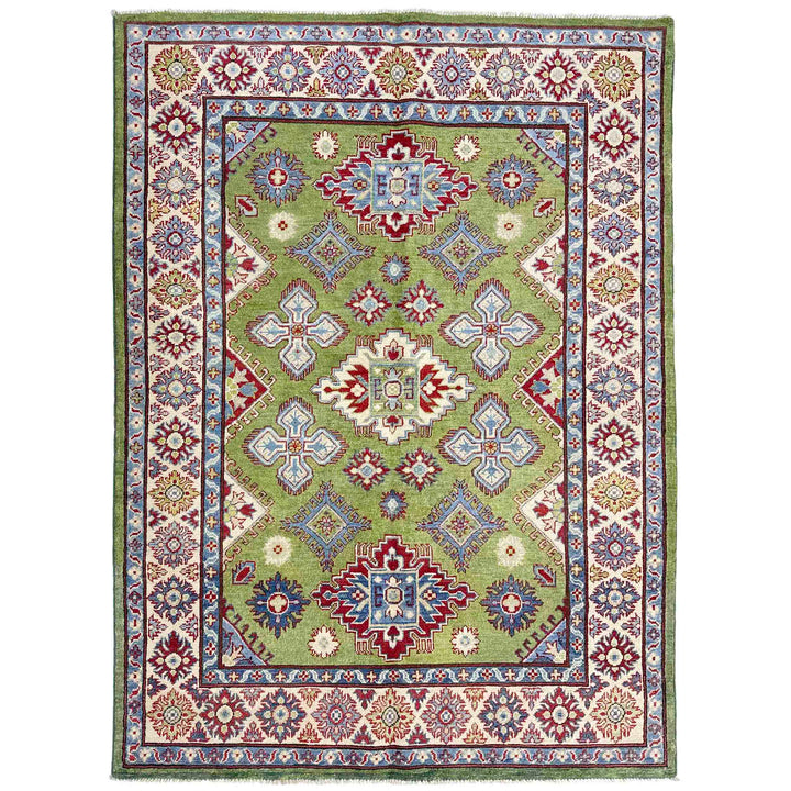 Green Afghan Kazak Rug 5' 0" x 6' 9" Hand-Knotted | No. AL12279